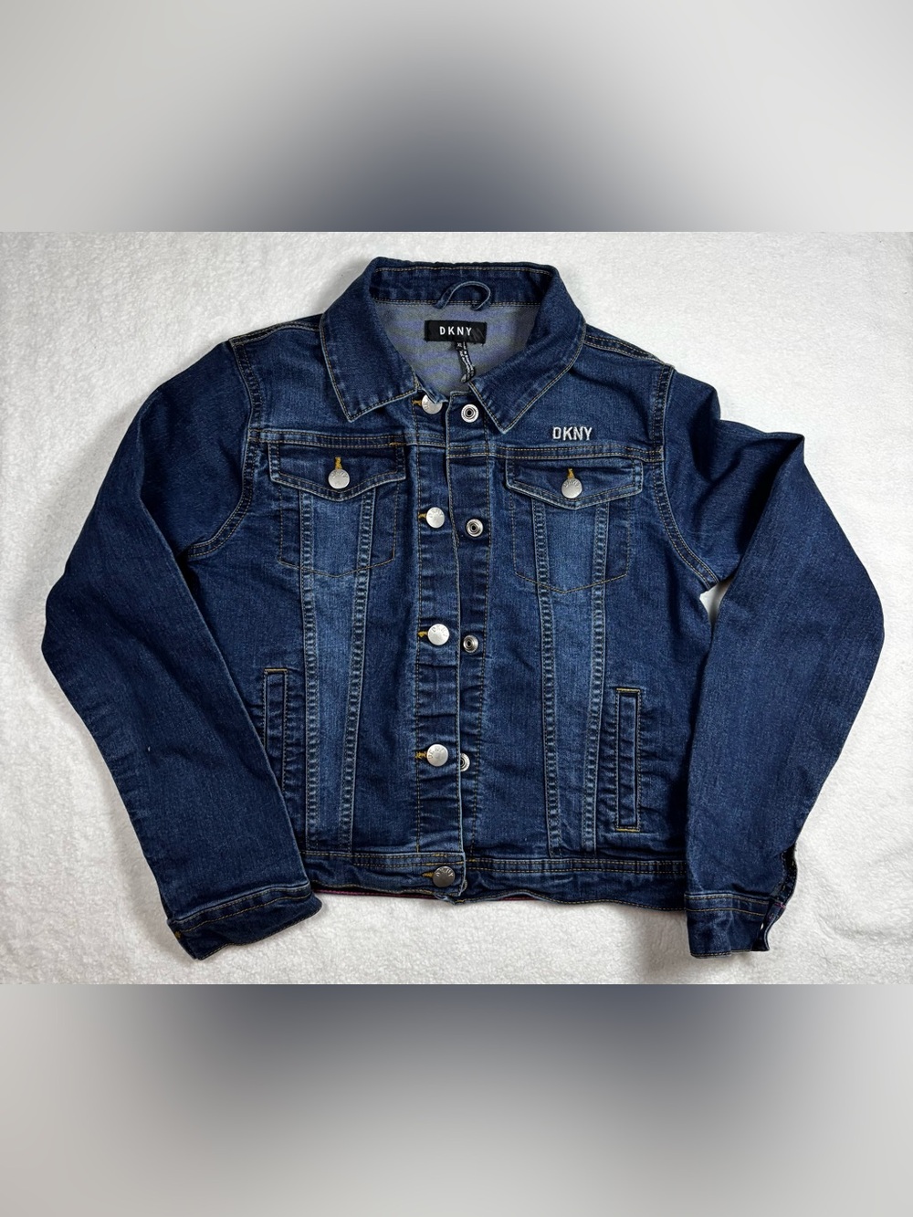 DKNY girls denim jacket XL 14/16, classic blue, button‑front, chest pockets, Euc